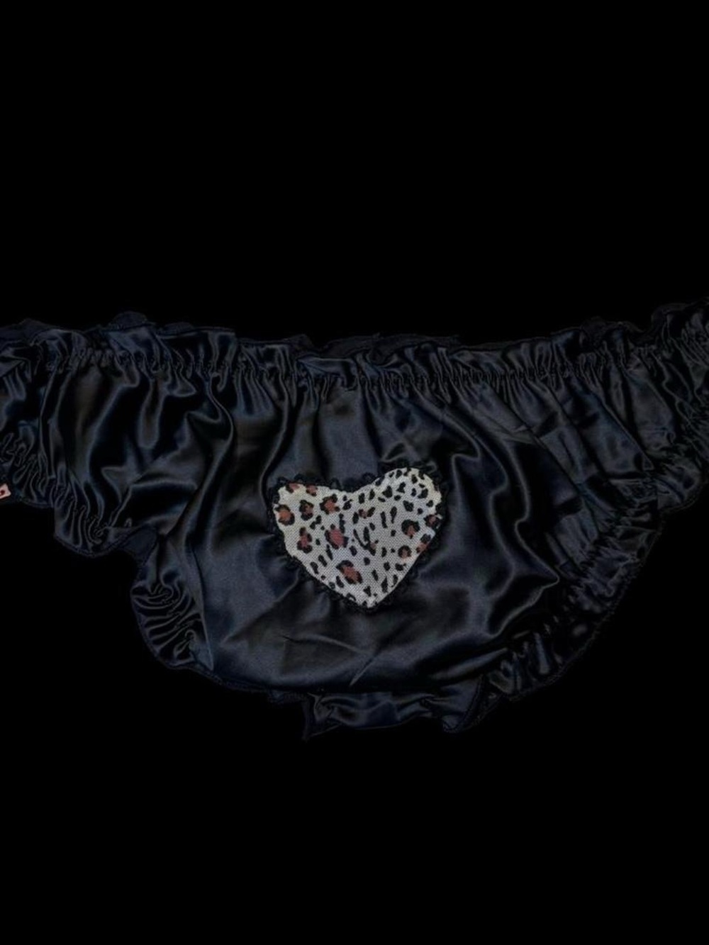 Black Satin Bikini Panties with Leopard Heart